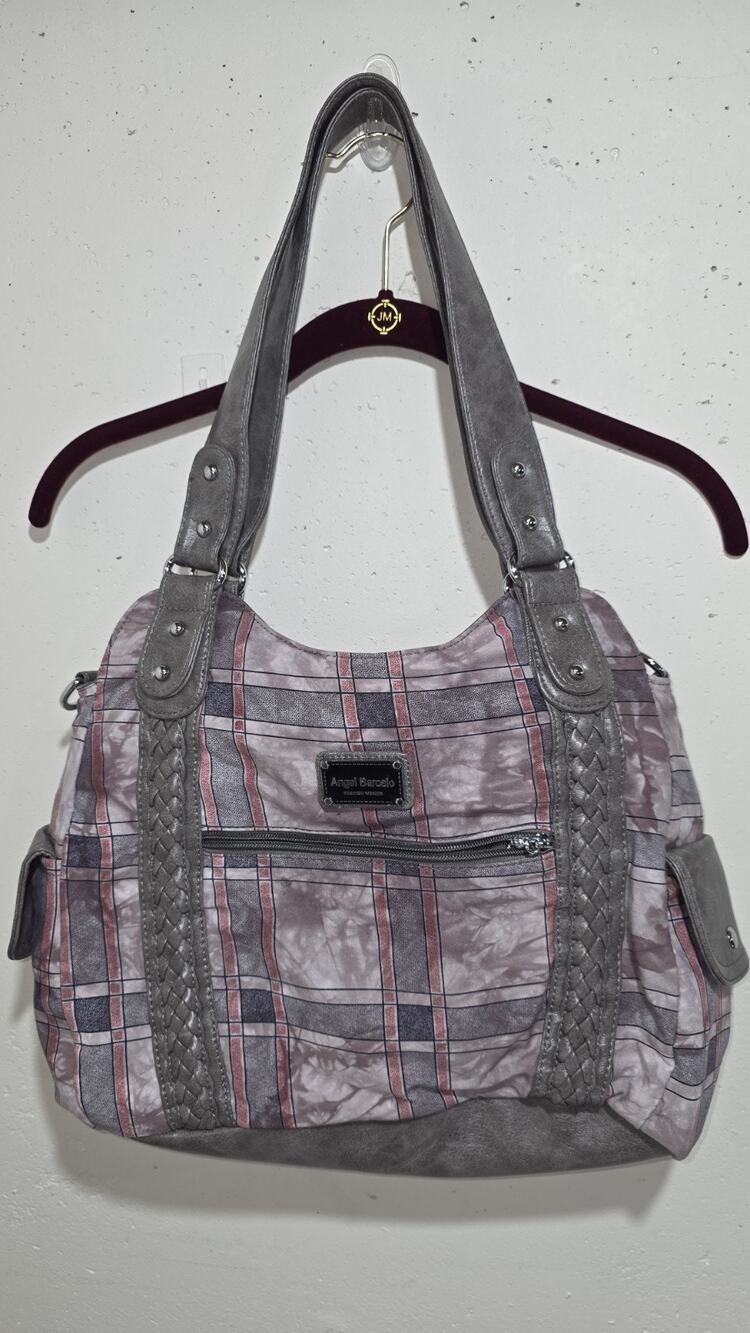 Angel Barcelo Plaid Shoulder Bag Purse Gray Pink Braided Faux Leather
